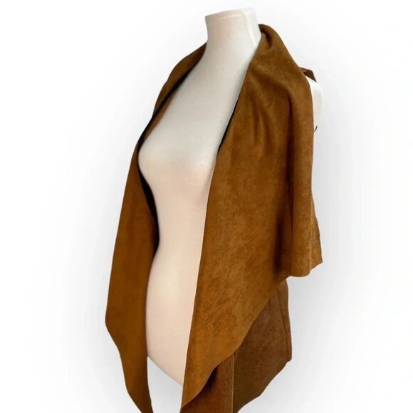 Comme USA Faux Suede Leather Vest, small. Belt tie wrap waterfall cowl brown tan - Picture 2 of 12